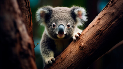 Adorable little fluffy Koala cub in the eucalyptus forest of Australia - obrazy, fototapety, plakaty