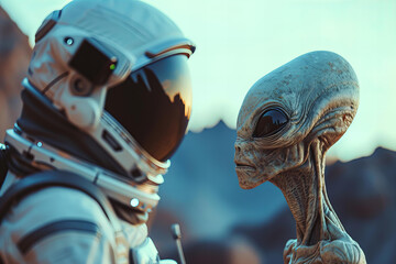 astronaut in spacesuit meets an alien on the unknown planet - obrazy, fototapety, plakaty