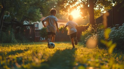 Two Spanish boys 10 years old play football in the summer garden