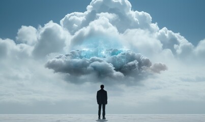 Man standing in front of a futuristic cloud connected to his mind.