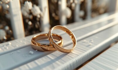 wedding rings are sitting on a white bench, rendered in unreal engine, gold - Powered by Adobe