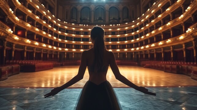 Fototapeta Lonely ballerina training alone on the stage of a large opera house in front of an empty hall