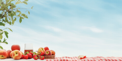 Outdoor spring picnic with red checkered tablecloth, fruit and copy space to place text on the sky. Summer park meal with healthy and refreshing food. Gourmet lunch and open-air culinary experience.