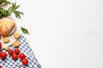 Outdoor spring picnic with blue and white checkered tablecloth, tomatoes and copy space to place text. Summer park meal with healthy and refreshing food. Gourmet lunch and open-air culinary experience