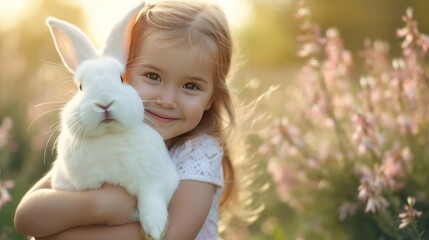 happy little girl hugging a large white rabbit on the background of a summer sunny garden