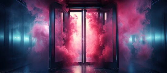 Smoke neon lights Open elevator door, Empty space background - obrazy, fototapety, plakaty