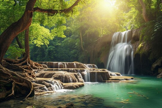 streaming waterfall in tropical jungle rainforest. waterfall in national park in deep forest on mountain. Around of brook has green jungle from big tree.Forest protected by forester. 