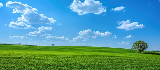 Fototapeta na wymiar Scenic scene with green fields and blue skies, few clouds