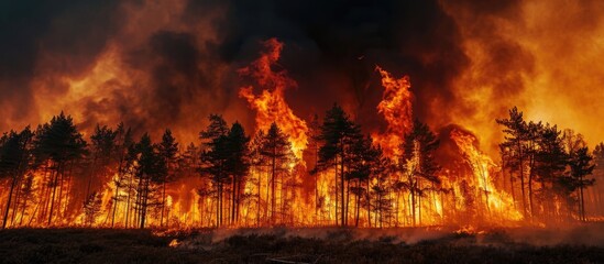 Large forest fire with dark smoke engulfing pine groves, causing trunk destruction and complete area coverage.