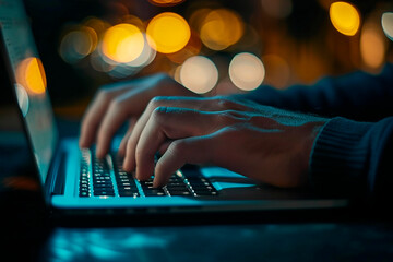 person typing in his laptop computer at night