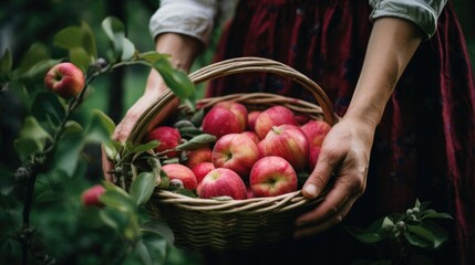 Hands of a farmer plucks apples from the tree