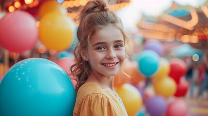 Fototapeta na wymiar Happy girl with colorful balloons walks through an amusement park