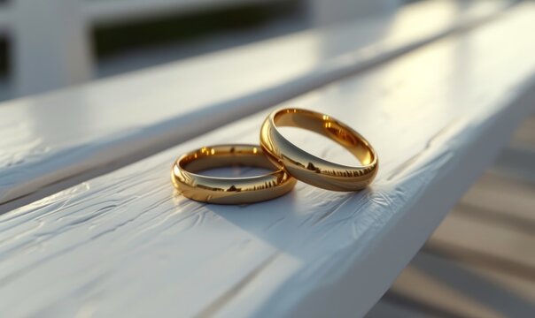 wedding rings are sitting on a white bench, rendered in unreal engine, gold