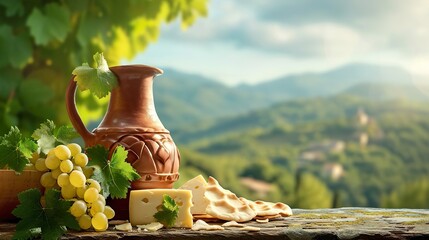 A clay jug of wine, cheese, pita and grapevine against a mountainous landscape. Still life....