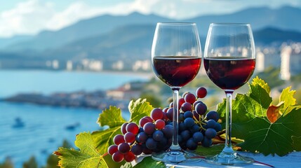 Two glasses of red wine and a grapevine against the backdrop of a city on the seashore in the...