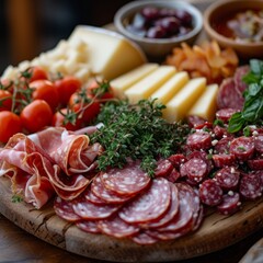 Cheese and Charcuterie Board, An appetizing spread of assorted cheeses, cured meats, and accompaniments on a wooden board