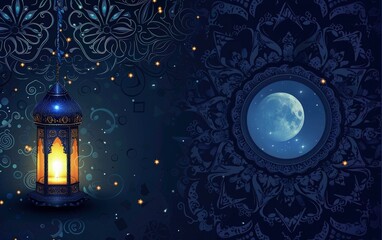 islamic eid festival greeting background ramadan lamp and moon with mandala background