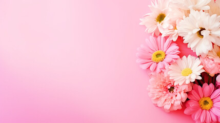 Colorful flowers on isolated pink background with copy text space - ai generative