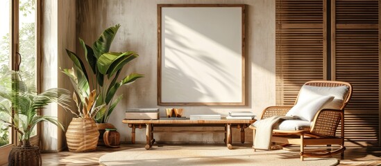 Fototapeta premium Modern house with a stylish living room featuring a design rattan armchair, wooden coffee table, book, plant, poster frame, and personal accessories for home decor.