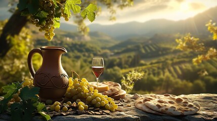 A clay jug of wine, glass of red wine, cheese, pita and grapevine against a mountainous landscape. Still life. Generated AI - obrazy, fototapety, plakaty