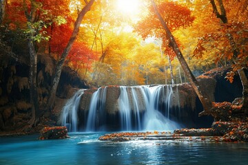 waterfall in colorful forest. Beautiful stream flowing in deep forest landscape. waterfall landscape in Autumn season. Autumn landscape in amazing nature. Autumn colors in colorful nature scenery. 