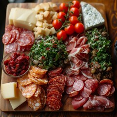 Cheese and Charcuterie Board, An appetizing spread of assorted cheeses, cured meats, and accompaniments on a wooden board