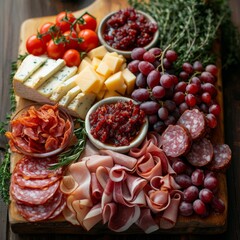 Cheese and Charcuterie Board, An appetizing spread of assorted cheeses, cured meats, and accompaniments on a wooden board