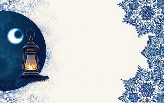 islamic eid festival greeting background ramadan lamp and moon with mandala background