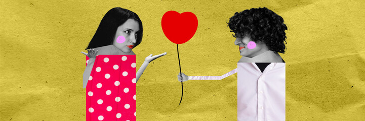 Young man giving to girl a heart flower, but woman spreading hands in misunderstanding. Just...