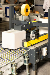 Automatic line for packaging various products on a conveyor.
