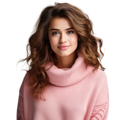 portrait of a woman wearing warm pink sweater