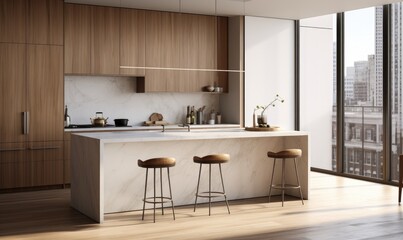 Fototapeta na wymiar Amazing minimalist kitchen in a luxurious trendy apartment.