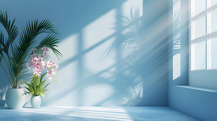 Abstract gradient blue studio background for product presentation. Empty room with shadows of window and flowers and palm leaves . 3d room with copy space. Summer concert. generative ai