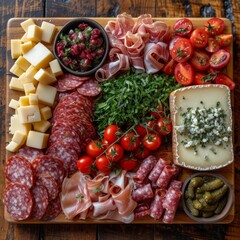 Cheese and Charcuterie Board, An appetizing spread of assorted cheeses, cured meats, and accompaniments on a wooden board