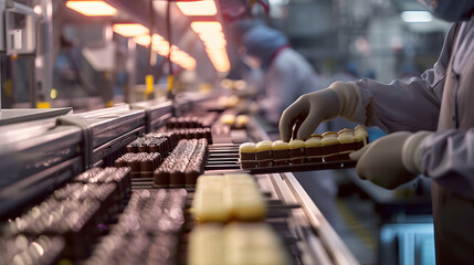 Team members on the assembly line collect and pack energy bars with precision - obrazy, fototapety, plakaty