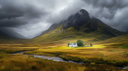 Gray clouds over Glen Coe with lone house standing - obrazy, fototapety, plakaty