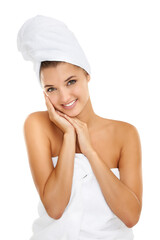 Towel, skincare portrait and happy woman relax with natural cosmetics, aesthetic makeup and clean skin. Bathroom, salon and model smile for morning self care, hygiene or grooming on white background