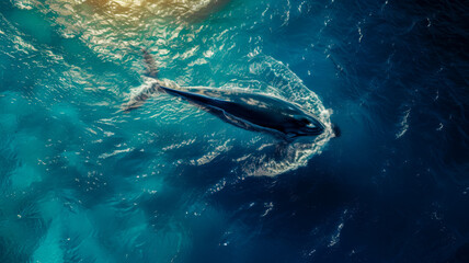 Top view of a whale swimming in the ocean, whale watching, attention to the protection of wild...
