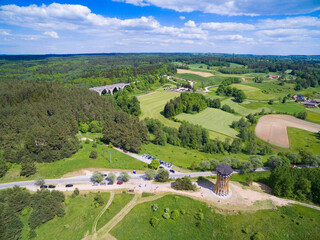 Obraz premium Aerial view of old concrete railway bridges in Stanczyki, Mazury, Poland