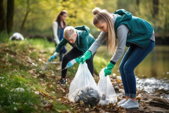 children teenagers cleaning area in park. Volunteering, charity, people, ecology concept. volunteer collecting plastic trash in forest. World clean up day