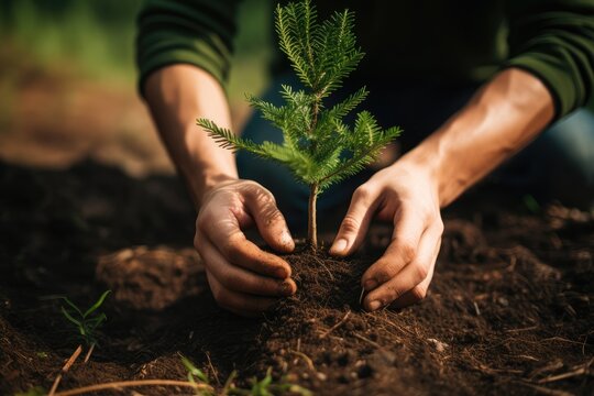 Close up hands planting pine tree seedling in forest. Earth Day save environment concept. renewable resource