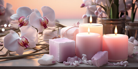 Pink candles with pink flowers and zen stones on pink background beauty spa treatment and relax concept ai generative

