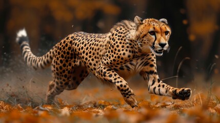 Cheetah in Action, Dynamic shot of a cheetah in full sprint, symbolizing speed and agility in the animal kingdom