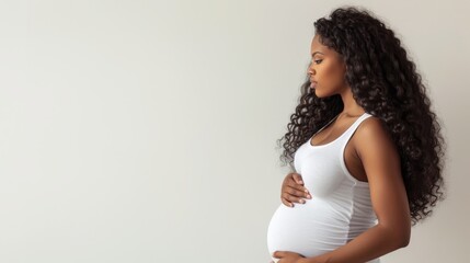 pregnant black woman in a white T-shirt holds hands on big belly , Pregnancy, maternity, preparation and expectation, copyspace for text