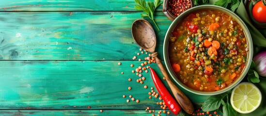 Top view of a vegan, healthy legume dish with lentil soup and stewed vegetables on a rustic green wooden table. - obrazy, fototapety, plakaty