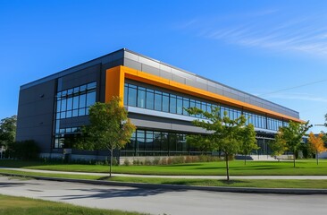 small office building - Dark gray and amber commercial building with tree accents showcasing precision engineering