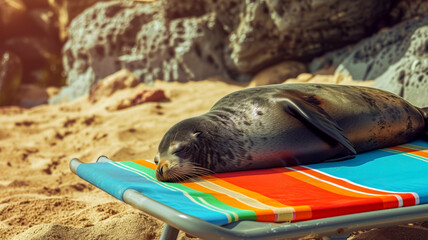 A fur seal sleeps on a multi-colored sun lounger on the beach near the hotel, a banner for World Wildlife Day and disturbance of the natural habitat of wild animals