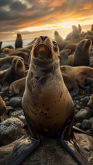 Fototapeta premium sea lion on north island beach background, beautiful sunset, natural habitat, World Wildlife Day concept