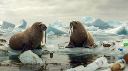 Walruses on an ice floe floating among garbage in the sea, ocean plastic pollution, World Wildlife and Ecology Day concept