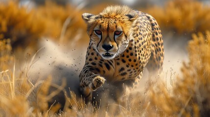 Cheetah in Action, Dynamic shot of a cheetah in full sprint, symbolizing speed and agility in the animal kingdom
